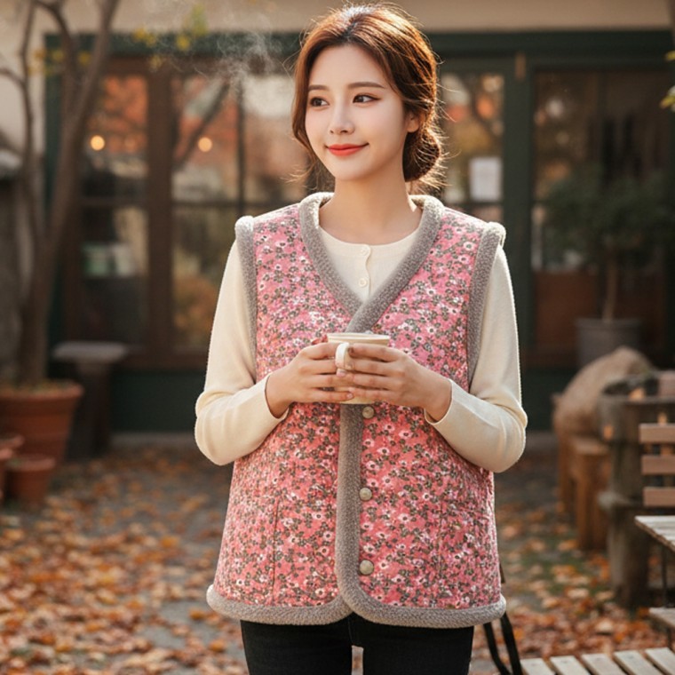 겨울 털 누빔 김장조끼 할머니 김장 아줌마 엄마 옷 촌캉스 꽃무늬 방한 보온 기모 레트로 - 상품 이미지