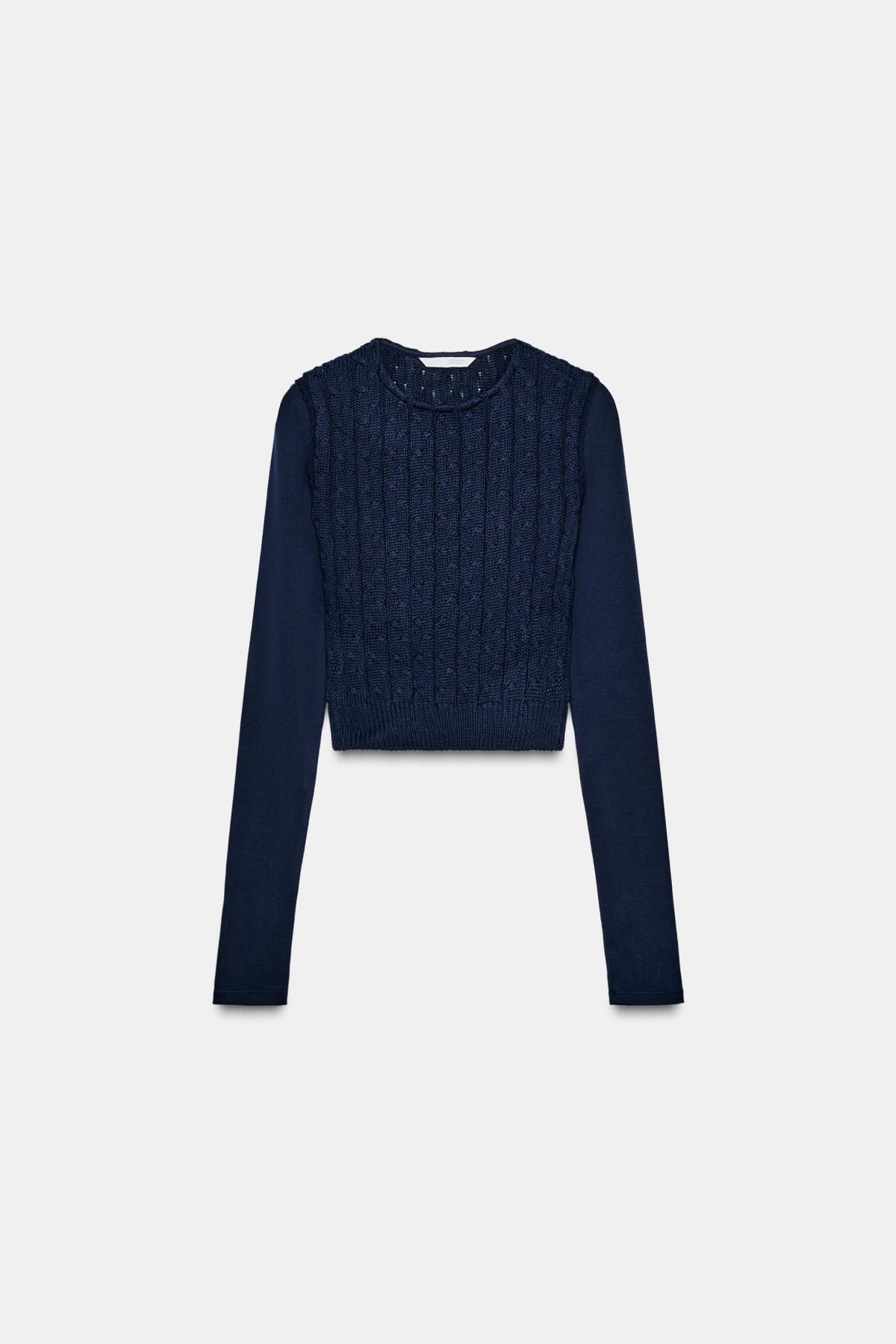 자라 케이블 니트 크롭 긴팔 티셔츠 5644/437 NAVY BLUE - 상품 이미지