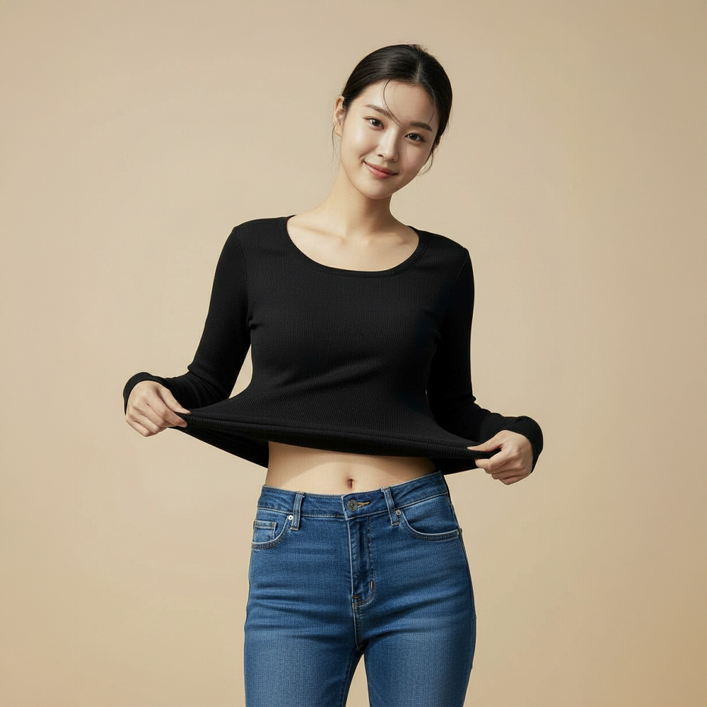 누모 겨울 여성 무지 골지 스판 U넥 레이어드 이너 긴팔 티셔츠 - 메인 이미지