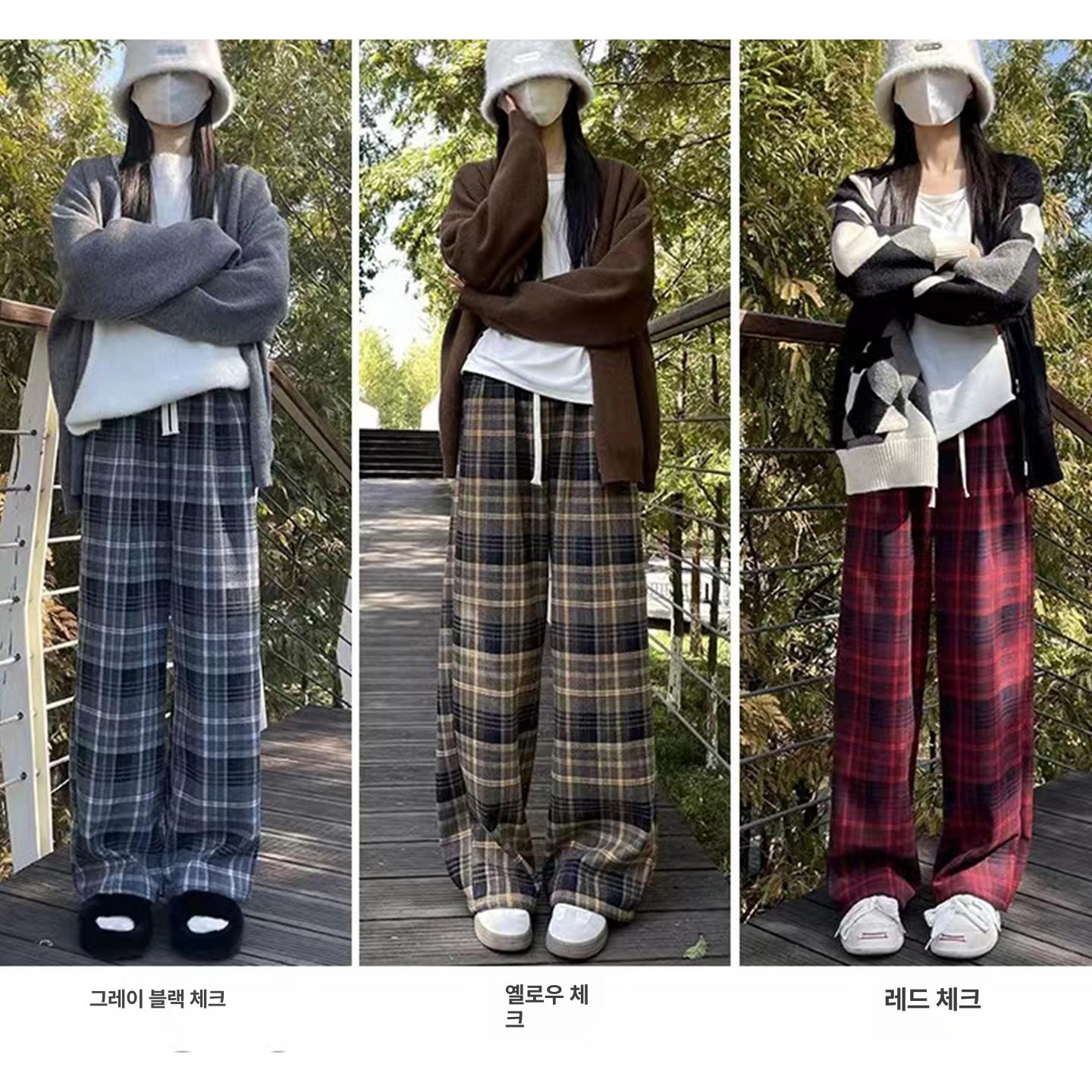 하이웨이스트 체크무늬 와이트 루즈핏 스트레이트 캐주얼 데일리룩 팬츠 - 상세 이미지 3