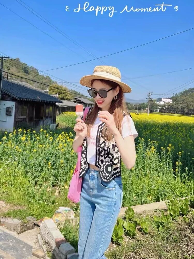 여성 베이지 블랙 플라워 꽃자수 니트 조끼 빈티지 캐주얼 - 상세 이미지 2