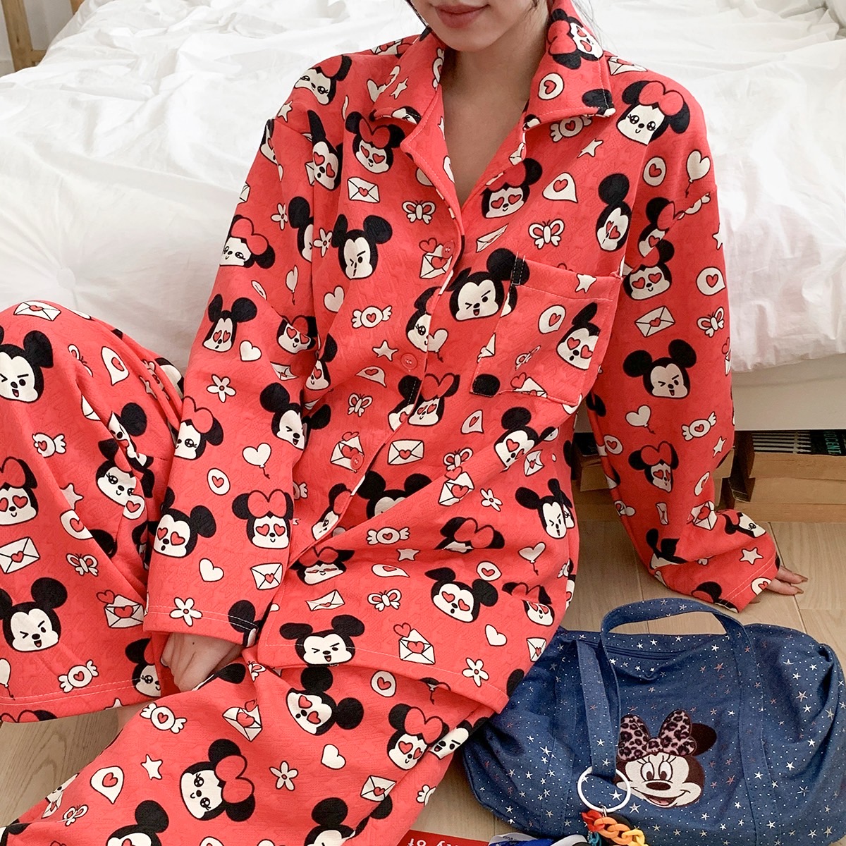 디즈니 러브레터 미키 누빔 파자마 커플 신혼 홈웨어 겨울 상하세트 미니 수면 잠옷 - 상세 이미지 3