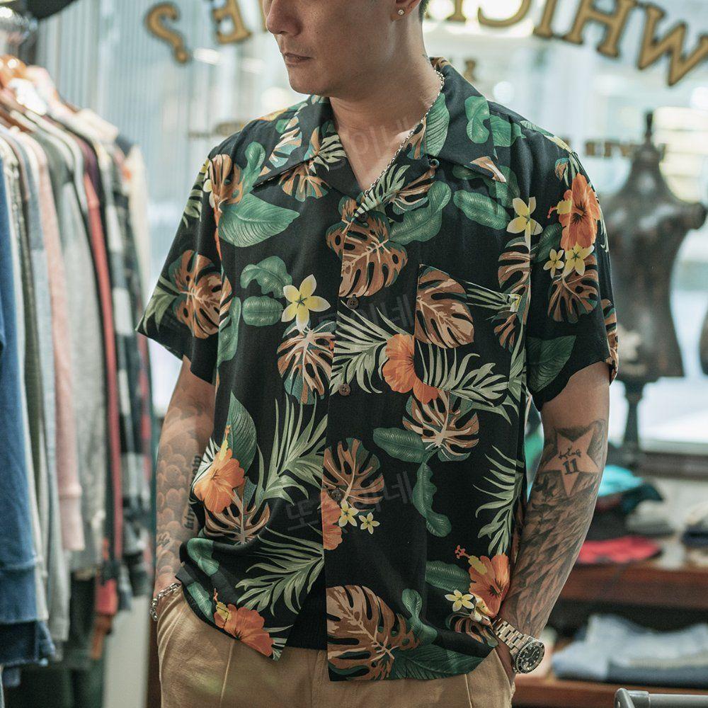 논스탁 NON STOCK 여름 셔츠 칼라 하와이안 리조트 ALOHA 빈티지 열대 잎꽃 반팔 S 로열 블루 - 상세 이미지 4