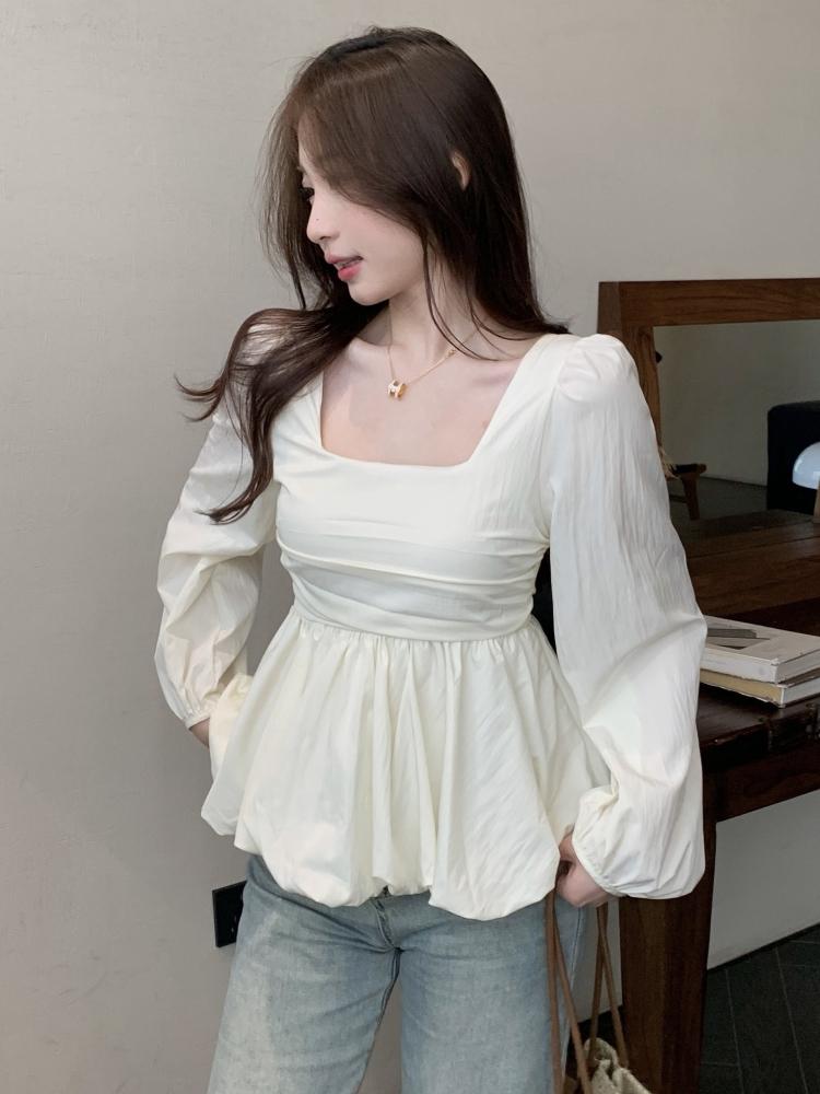뒷 리본 블라우스 스퀘어넥 아일렛 코튼 크롭 - 상세 이미지 3