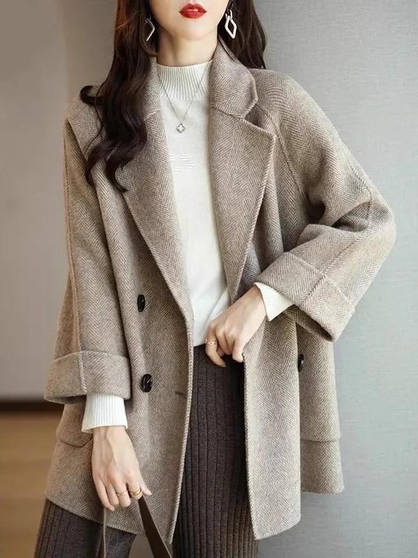 숏코트 여성 겨울 반코트 캐쥬얼 하프코트 헤링본 모직 코트 아우터 자켓 - 상품 이미지
