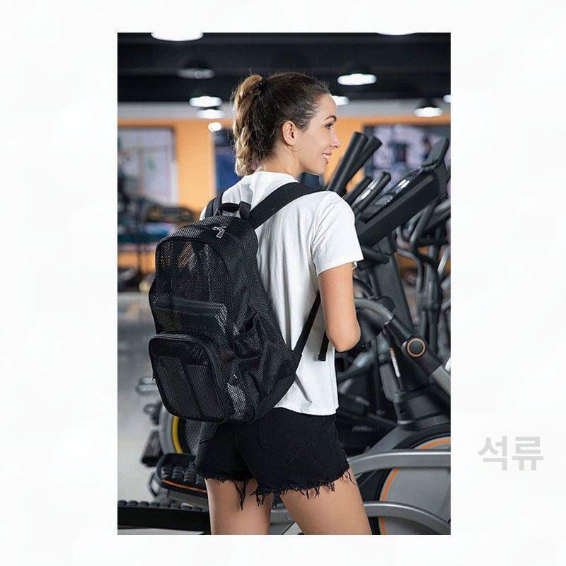 블랙 메쉬 펀칭 백팩 수영 피트니스 가방 휴양지 스포티예능스타일 - 상세 이미지 2