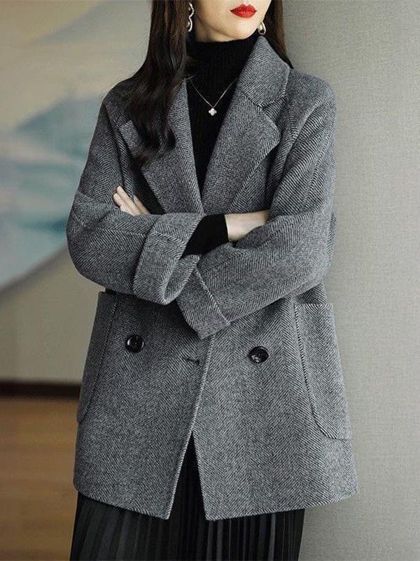 숏코트 여성 겨울 반코트 캐쥬얼 하프코트 헤링본 모직 코트 아우터 자켓 - 상세 이미지 3