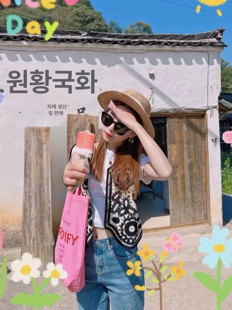 여성 베이지 블랙 플라워 꽃자수 니트 조끼 빈티지 캐주얼 - 상세 이미지 3