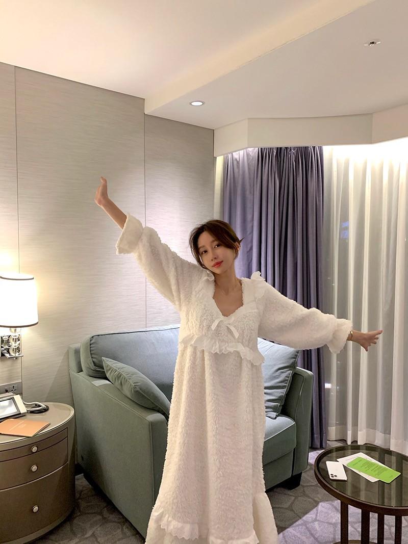 여성 홈웨어 러블리 신혼선물 파자마 원피스 여리여리한 여성스러운 레이스 프릴 퍼프 봄 가을 겨울 잠옷 - 상세 이미지 5