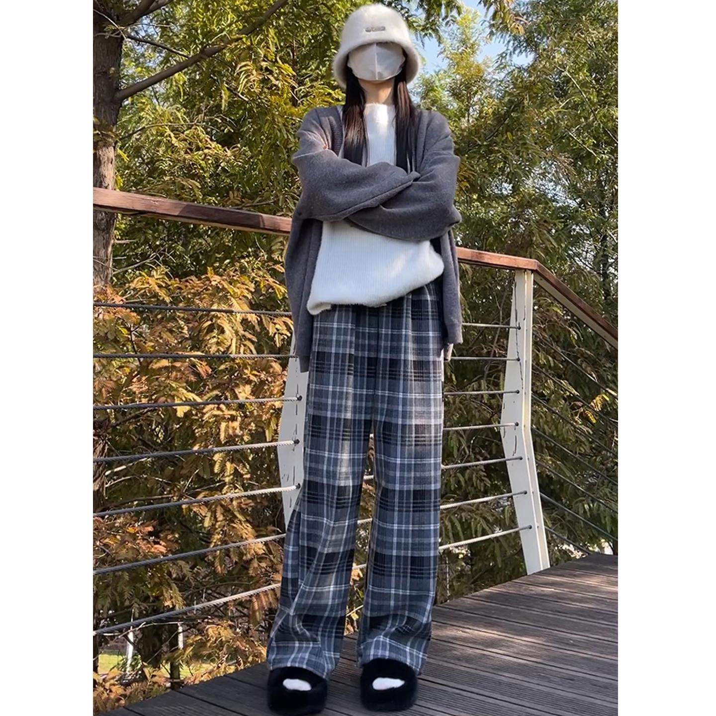 하이웨이스트 체크무늬 와이트 루즈핏 스트레이트 캐주얼 데일리룩 팬츠 - 상세 이미지 5