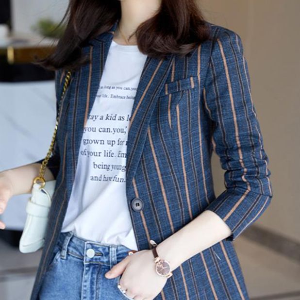 여성 블루 세로 스트라이프 정장 자켓 유니크 트렌디 예능 드라마 스타일 - 상품 이미지