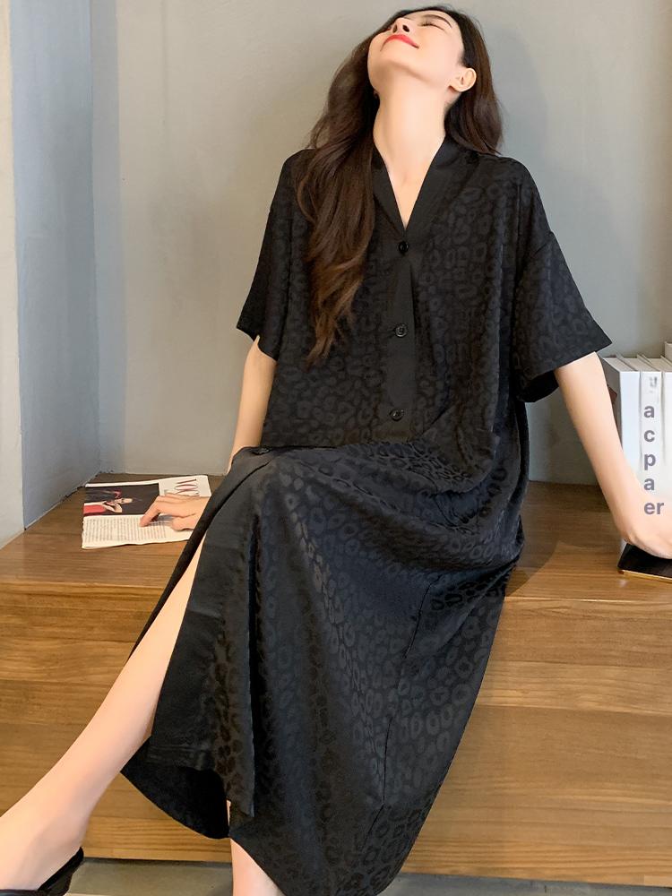 여성 모달 가운 잠옷 롱 원피스 나이트웨어 셔츠 홈웨어 레오파드 잠옷 - 메인 이미지