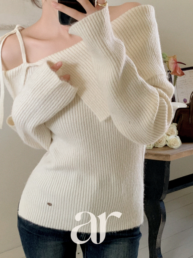 [울함유] 언발 카라 원숄더 리본 골지 울 니트 nt5329 이미지 7