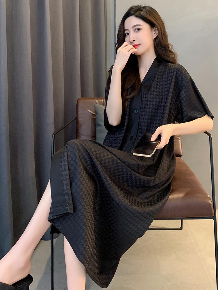 여성 모달 가운 잠옷 롱 원피스 나이트웨어 셔츠 홈웨어 레오파드 잠옷 - 상세 이미지 2