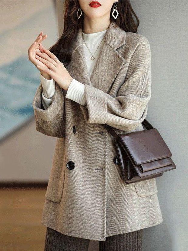 숏코트 여성 겨울 반코트 캐쥬얼 하프코트 헤링본 모직 코트 아우터 자켓 - 상세 이미지 2
