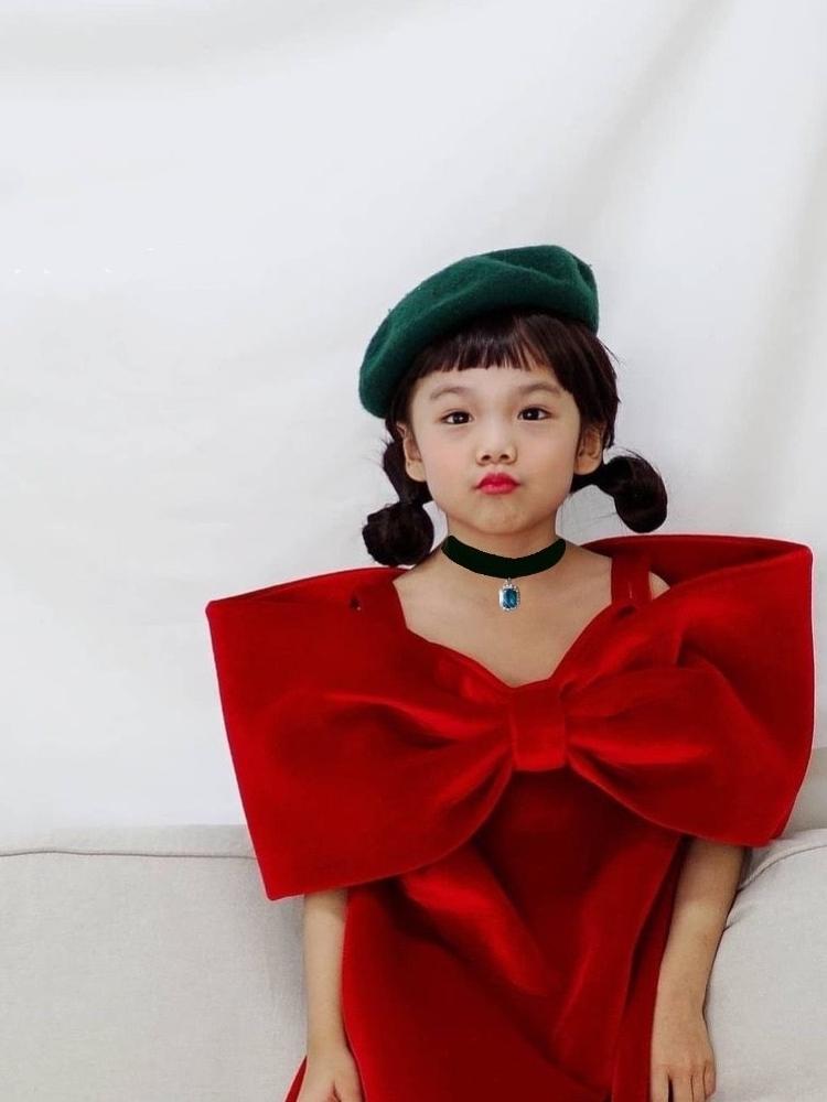 고급 벨벳 크리스마스 여아 키즈 리본 원피스 옷 - 상세 이미지 3