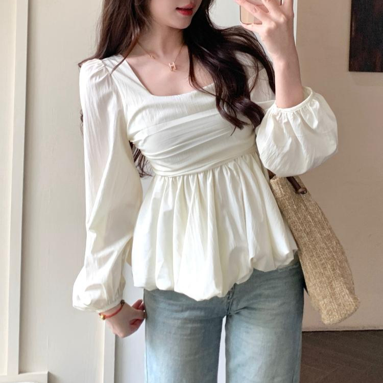 뒷 리본 블라우스 스퀘어넥 아일렛 코튼 크롭 - 메인 이미지