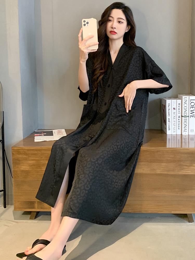 여성 모달 가운 잠옷 롱 원피스 나이트웨어 셔츠 홈웨어 레오파드 잠옷 - 상세 이미지 5