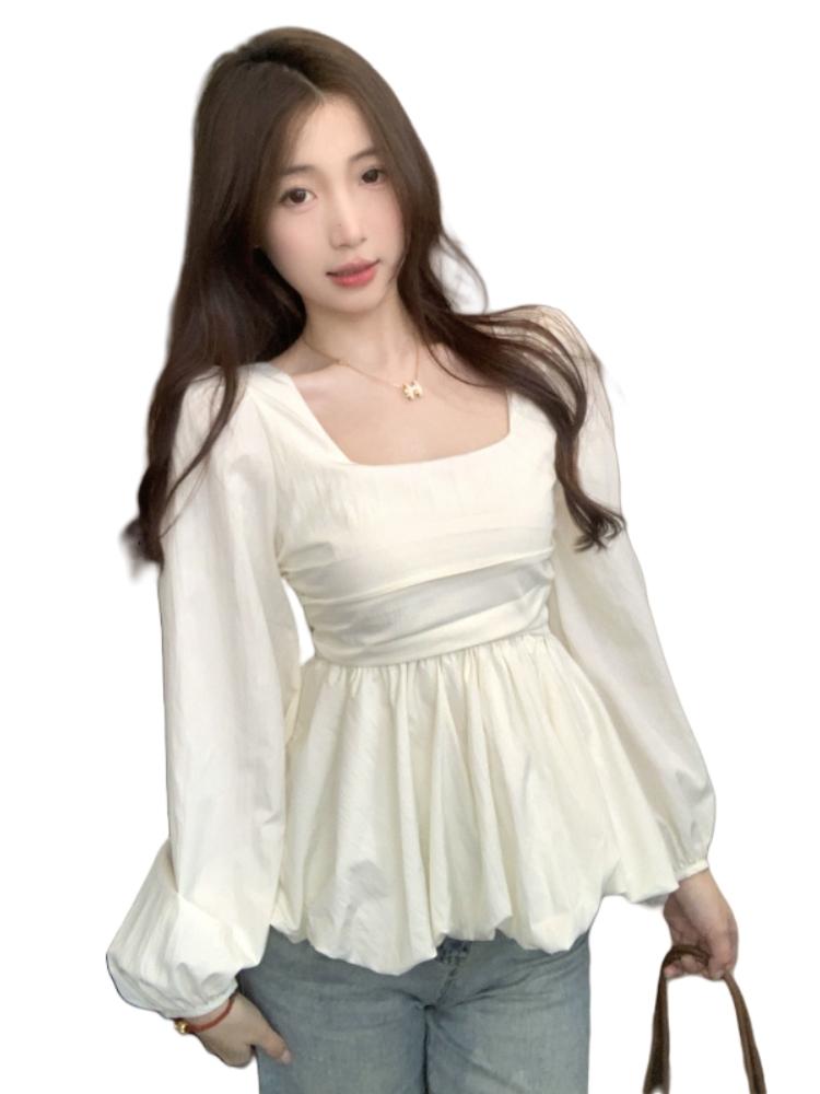 뒷 리본 블라우스 스퀘어넥 아일렛 코튼 크롭 - 상세 이미지 5