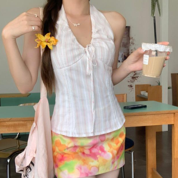 여성 라이트핑크 스트라이프 홀터넥 민소매 탑 경리 섹시 캐주얼 - 상품 이미지