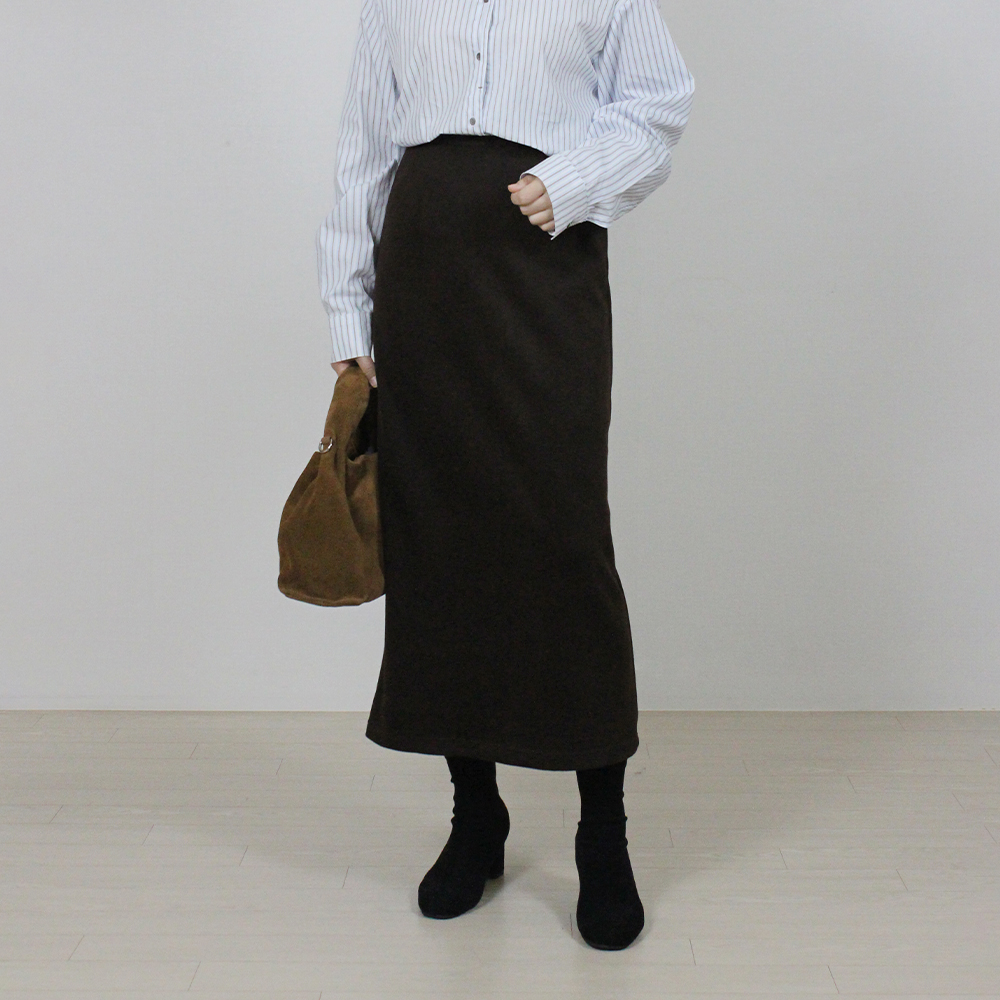 여성 가을 겨울 도톰 H라인 트임 기모 울 허리 밴딩 롱 스커트 - 상세 이미지 5