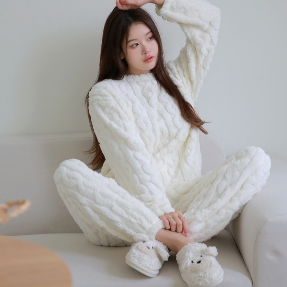겨울원피스잠옷 극세사 꽈배기수면바지세트 밍크 후리스 빅사이즈 임산부 부들이 우정파자마 이미지 4