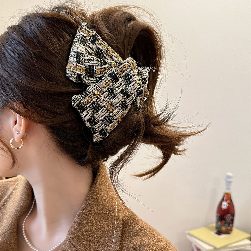 우아한 트위드 리본집게핀 고급 헤어클립 올림머리삔 - 상품 이미지