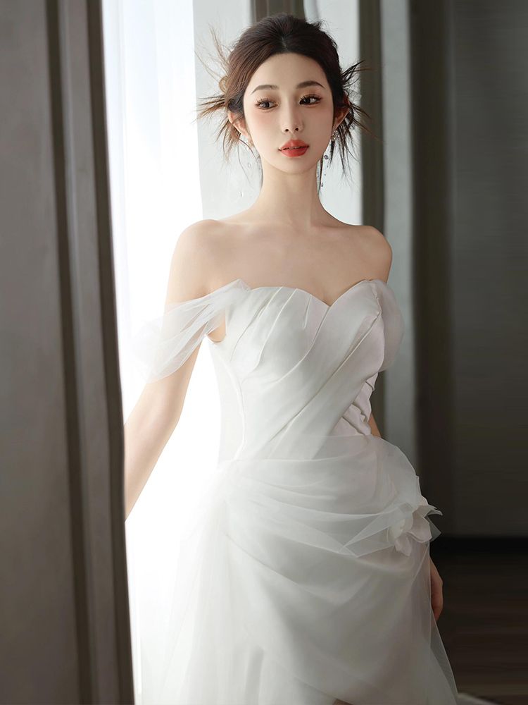 오프숄더미니웨딩드레스 롱트레인 야외드레스 화이트 XS - 상세 이미지 4
