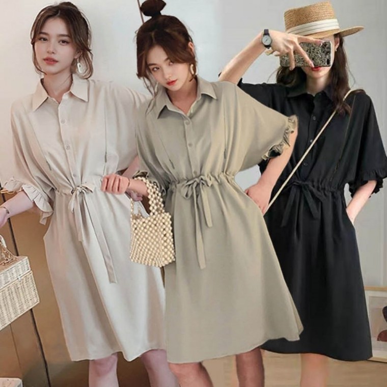 여성 반팔 미니 원피스 카라 허리밴딩 여름 셔츠형 - 메인 이미지