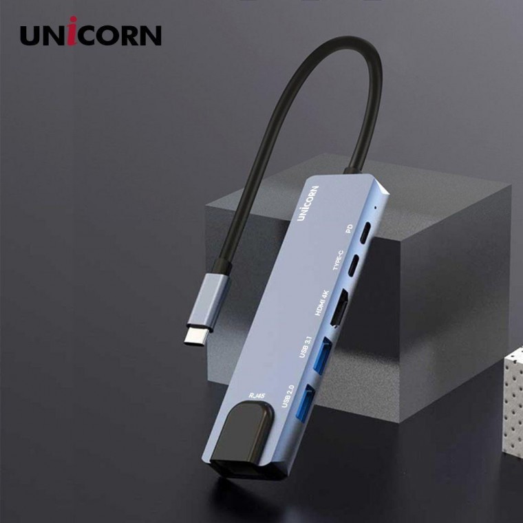 유니콘 6IN1 LAN포트 HDMI USB멀티허브 USB-C통신포트 카드리더기 멀티 어댑터 USB - 상품 이미지