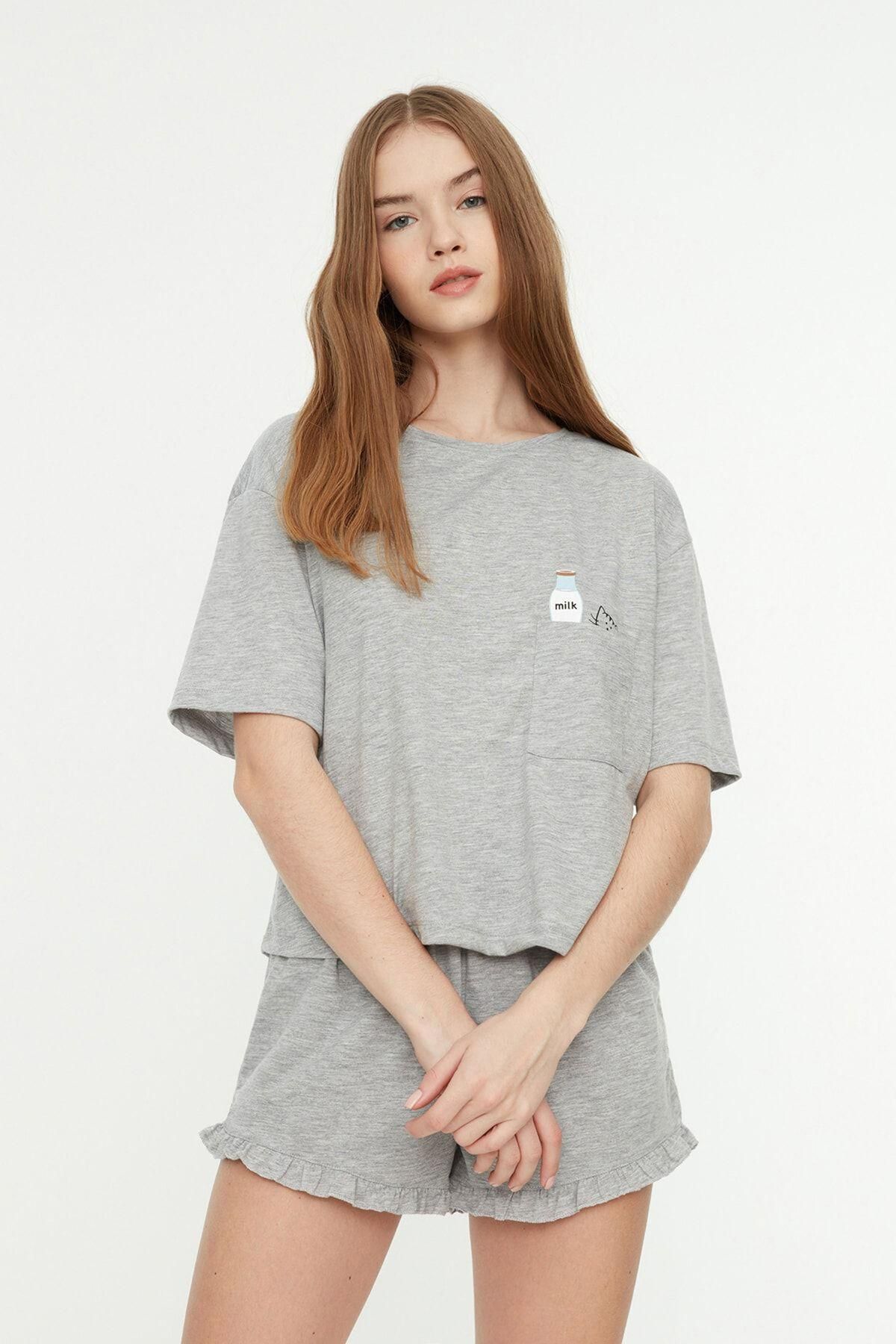 트렌디올 러플 코튼 혼방 그레이 숏 파자마 세트 4222769 GRIS - 상세 이미지 5
