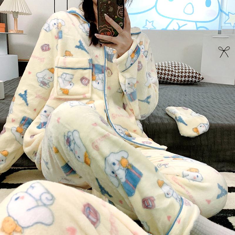여성 잠옷 수면잠옷 카디건 가을 겨울 산호 플리스 두꺼운 투피스 홈웨어 산리오 치이카와 핑크 체크 키티 세트 M 35~47.5kg - 상품 이미지