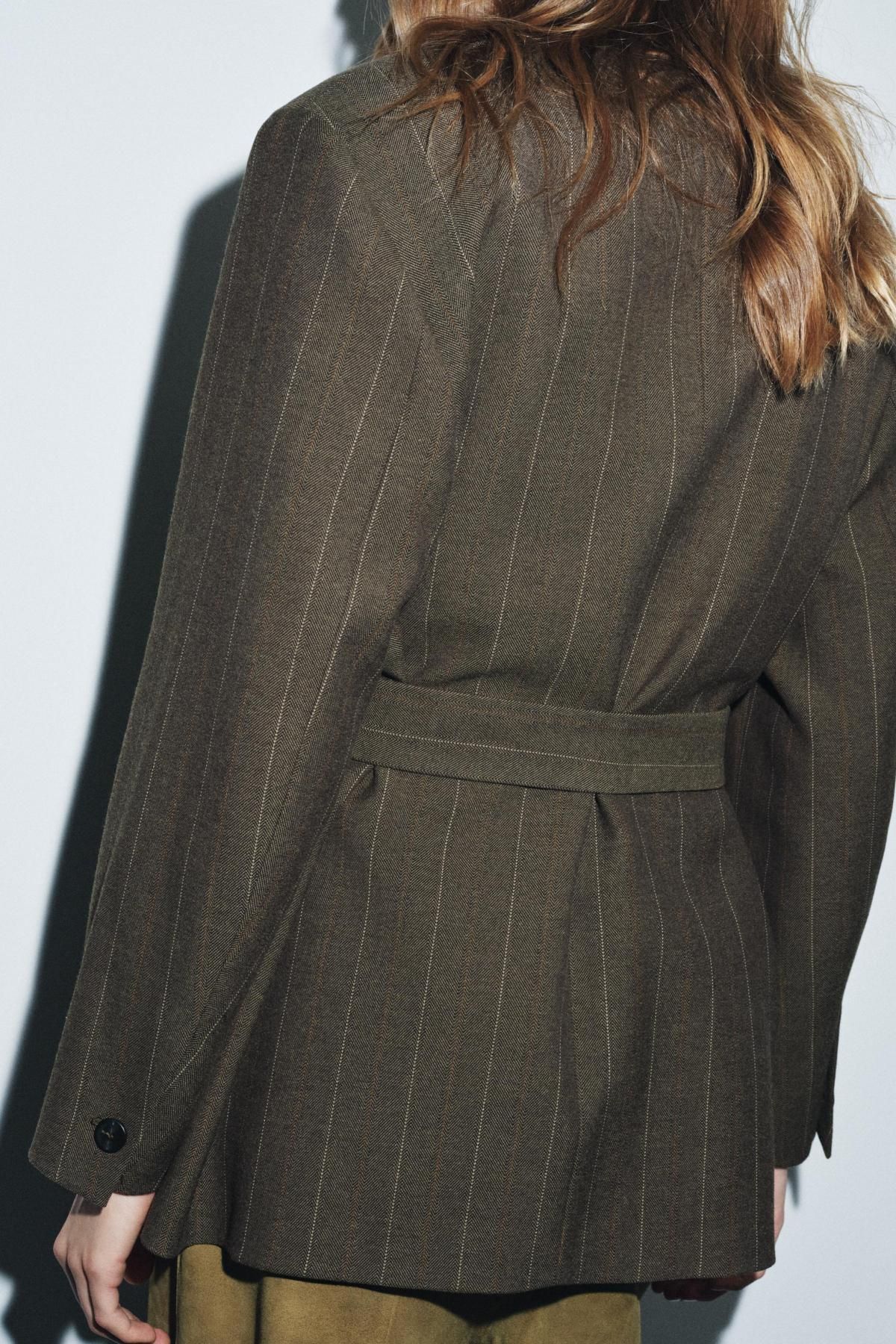 자라 스트라이프 벨티드 라운드넥 블레이저 9691/942 KHAKI - 상세 이미지 4