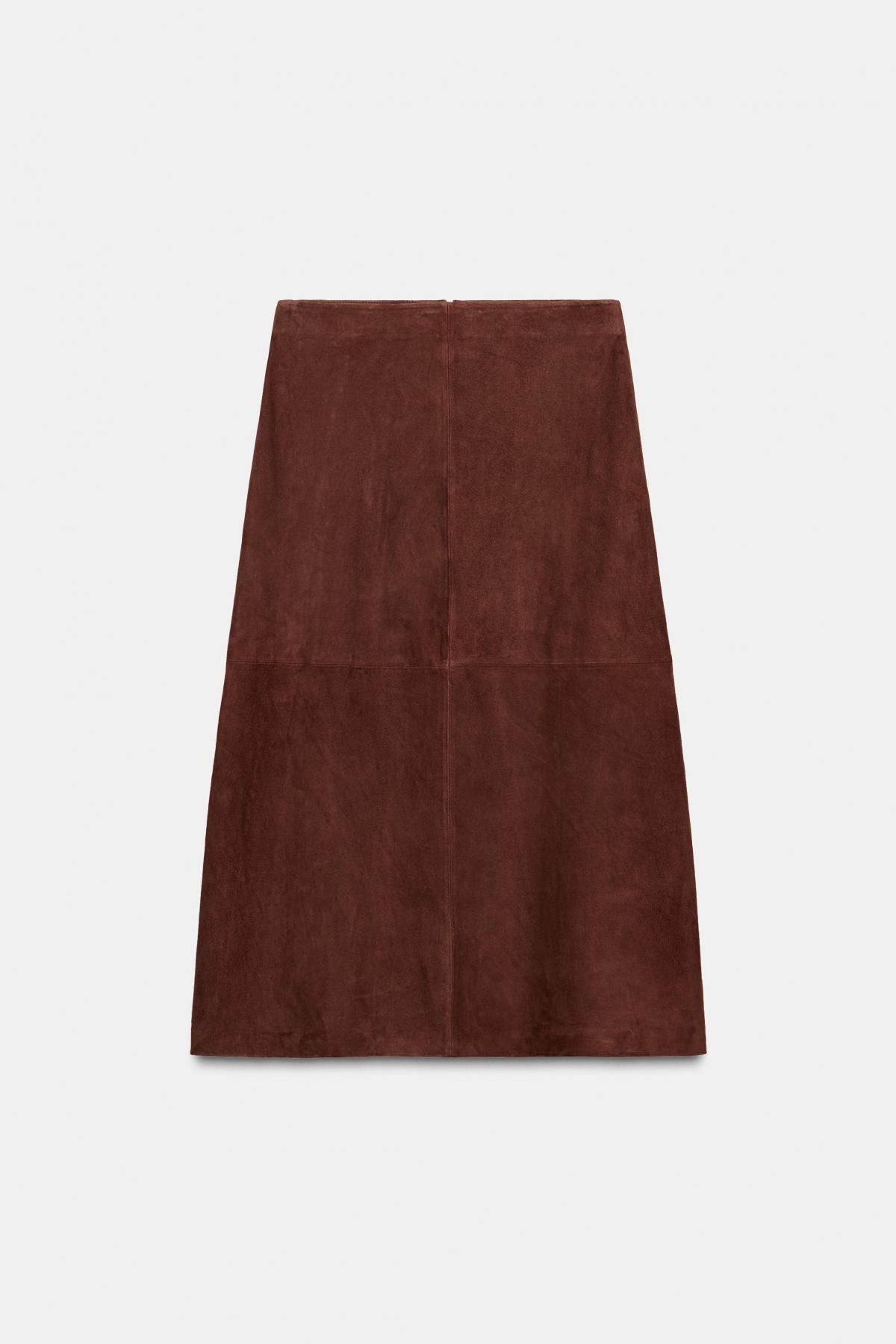 자라 프리미엄 스웨이드 미디 스커트 한정판 2521/901 DARK RUSSET - 메인 이미지