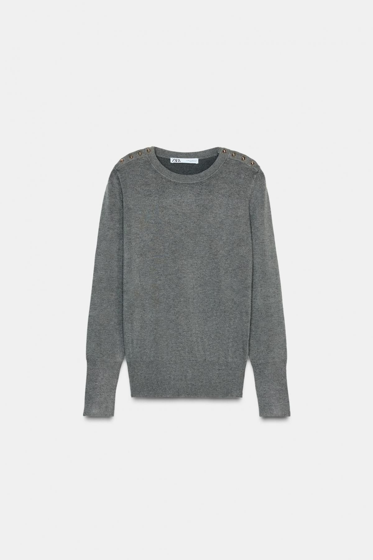 자라 골드버튼 라운드넥 테크니컬 니트 스웨터 8851/141 GREY MARL - 메인 이미지