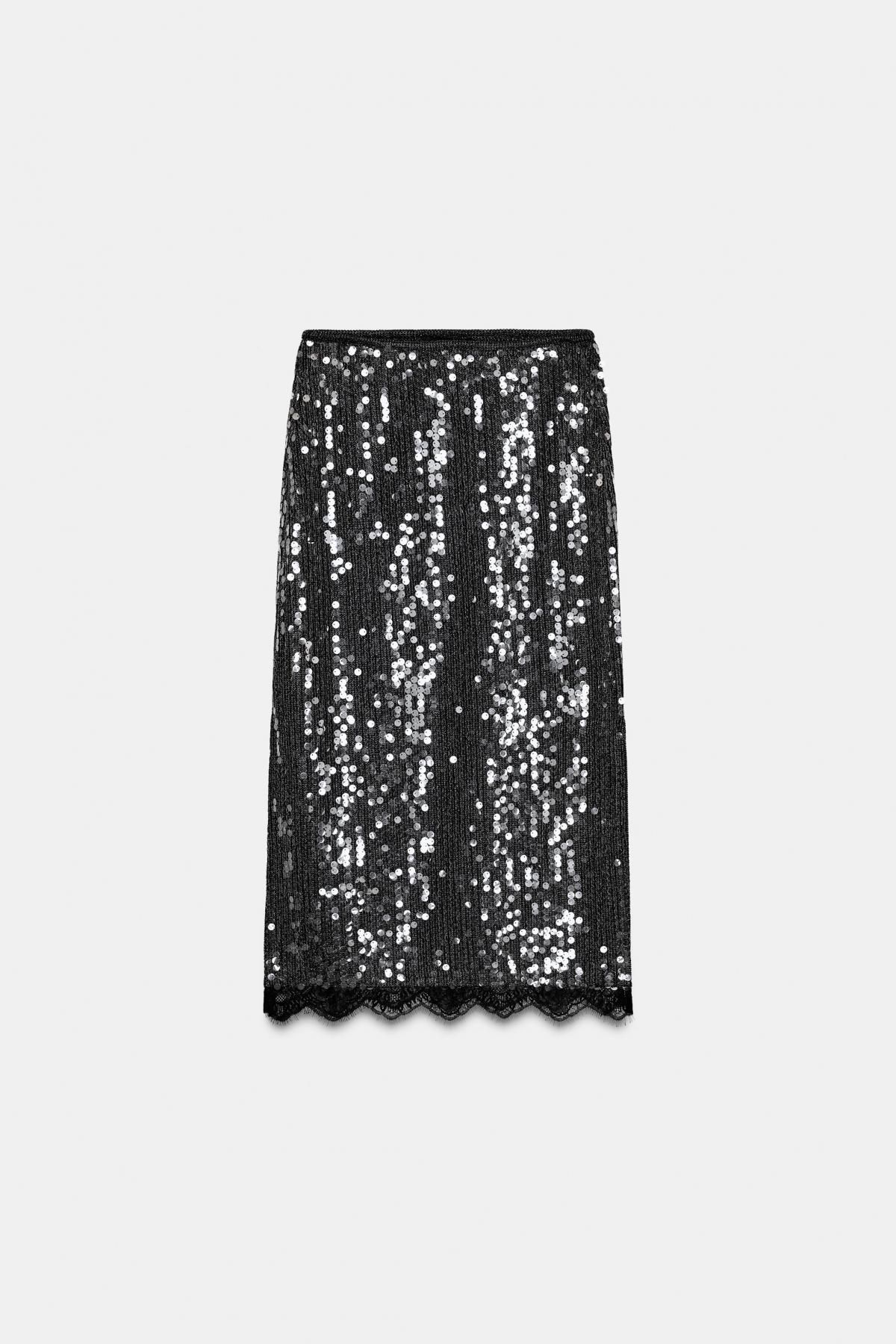 자라 글리터 시퀸 레이스 미디 스커트 1758/213 BLACK - 상품 이미지