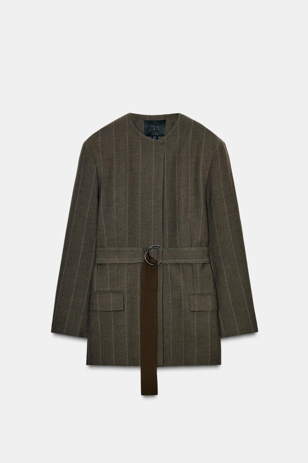 자라 스트라이프 벨티드 라운드넥 블레이저 9691/942 KHAKI - 메인 이미지