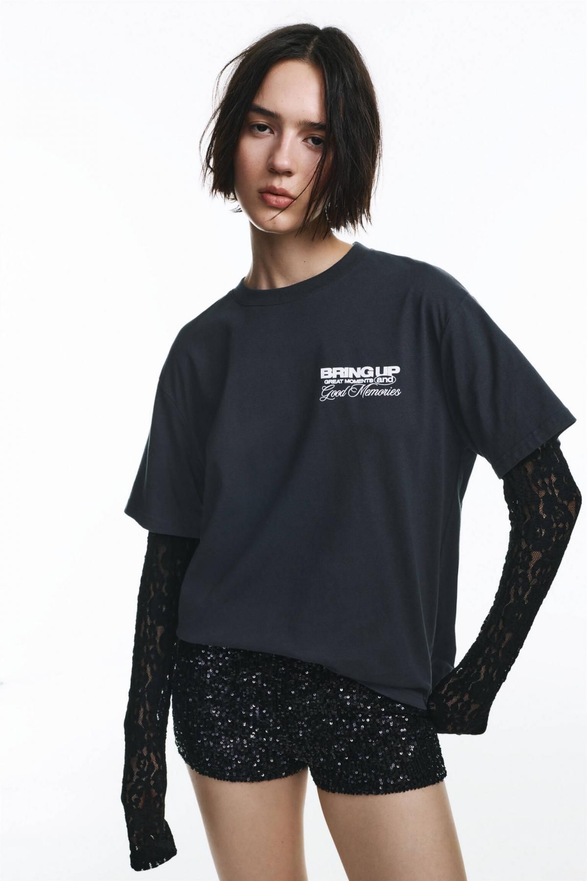 풀앤베어 오버핏 레이스 더블소매 라운드넥 티셔츠 7153/375 ANTHRACITE GREY - 상세 이미지 5
