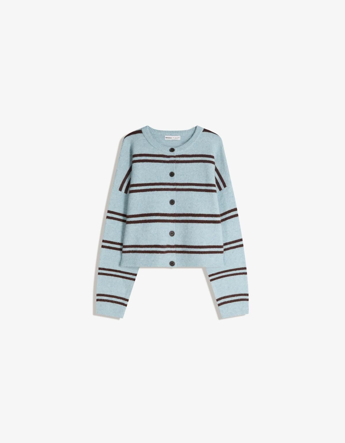 버쉬카 스트라이프 크롭 라운드넥 버튼업 니트 카디건 0042/693 TURQUOISE - 상세 이미지 3