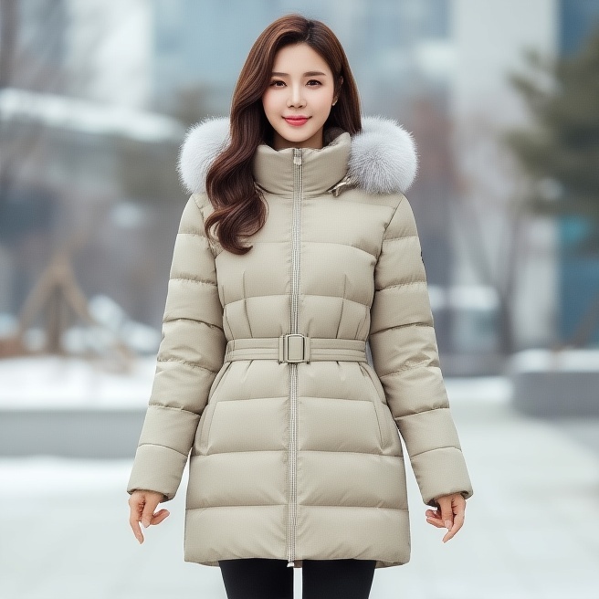 밀레아웃도어 여자 겨울 블루폭스퍼 허리벨트 구스다운 패딩점퍼 - 메인 이미지