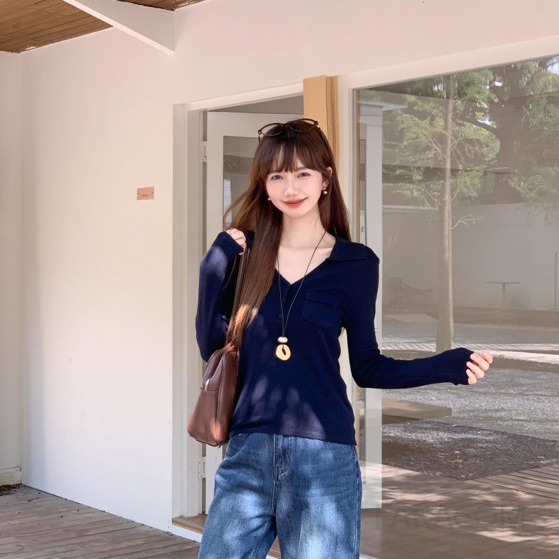 여성 카라넥 긴팔 니트 탑 슬림핏 가을용 스타일리시한 레이어드 이너웨어 매력적인 디자인 데일리 패션 - 상세 이미지 5