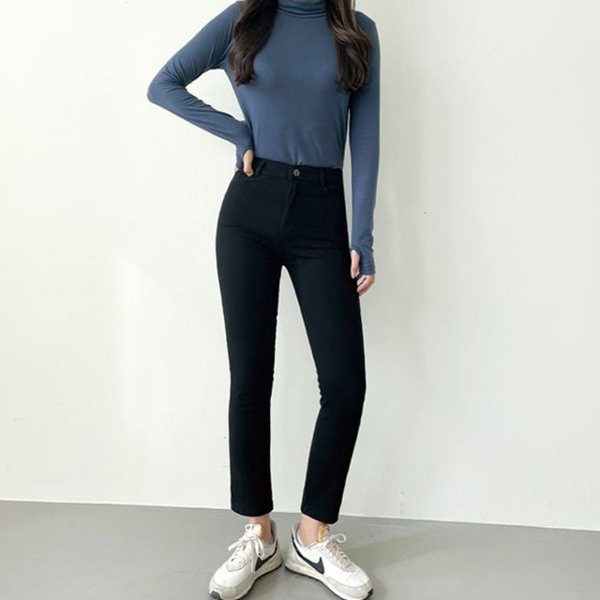 데일리 여성 기모 팬츠 슬림핏 여성 일자 팬츠 블랙 겨울 - 메인 이미지