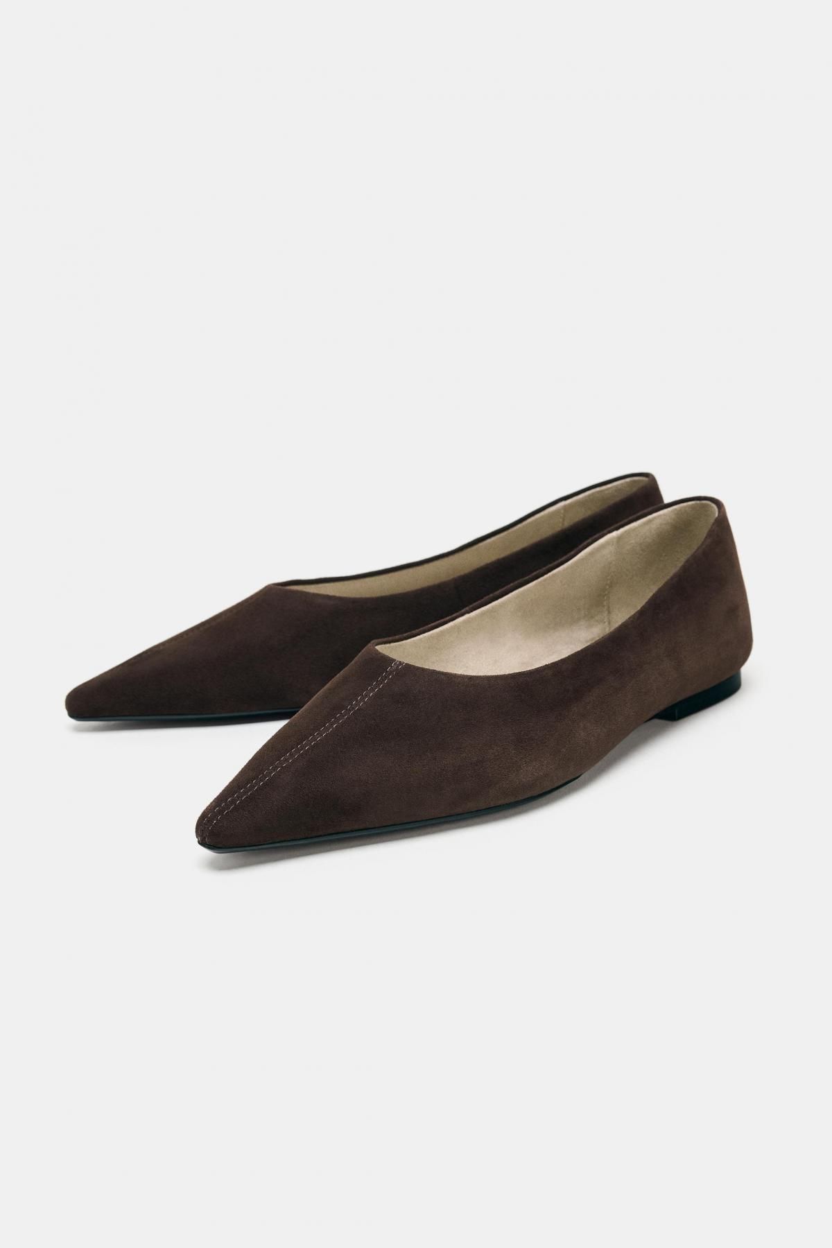 자라 스웨이드 포인트토 발레리나 플랫 1577/710 CHOCOLATE BROWN - 상세 이미지 3
