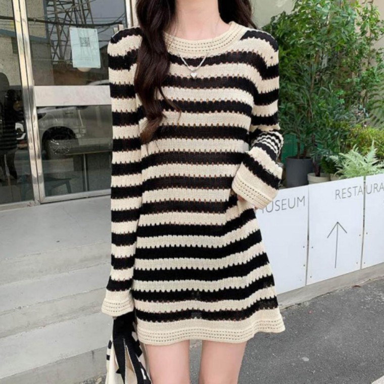 가을 간절기 나들이 데일리 하객룩 스트라이프 미니 펀칭 여자 긴팔 원피스 데일리 예쁜 - 메인 이미지