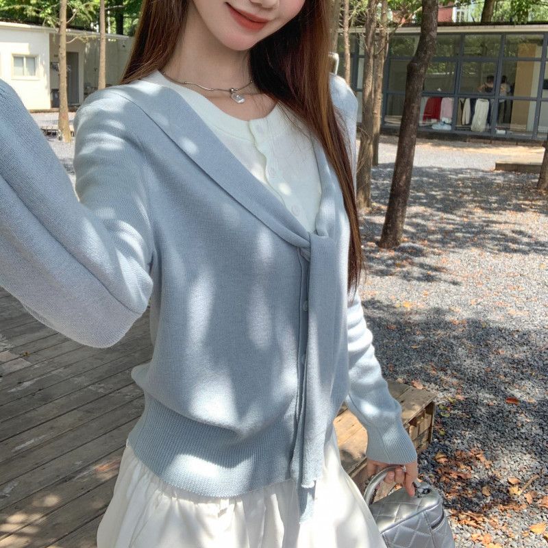 여성 페이크투피스 리본 타이 니트 가디건 라운드넥 블라우스 루즈핏 캐주얼 간절기 가을 데일리 - 상세 이미지 5