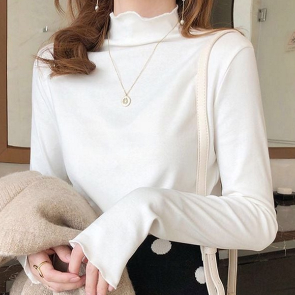 데일리 여성 반목 티셔츠 소프트 여성 보온 티셔츠 물결넥 가을 - 상품 이미지