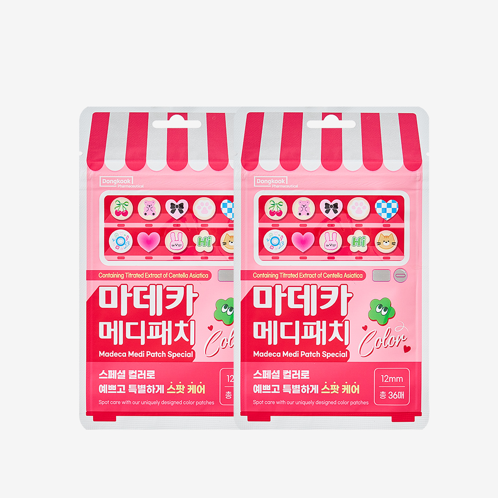 동국제약 마데카 메디패치 스페셜 컬러 36매 2개 / 하트모양 디자인 귀여운 스팟패치 뾰꾸 스티커, 여드름 피부 적합 테스트 - 상품 이미지