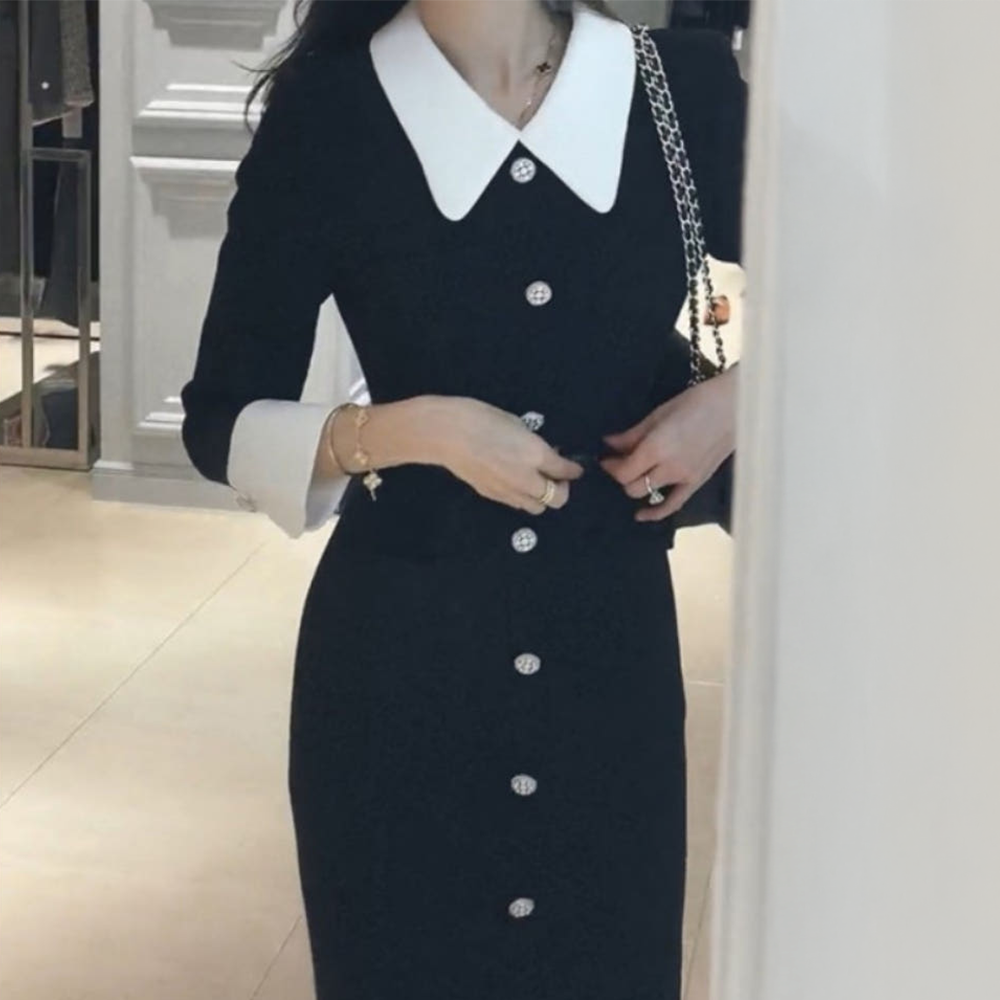 자체제작 블랙 카라 배색 머메이드원피스 봄 가을 간절기 정장원피스 결혼식하객룩 룩킵 - 상품 이미지