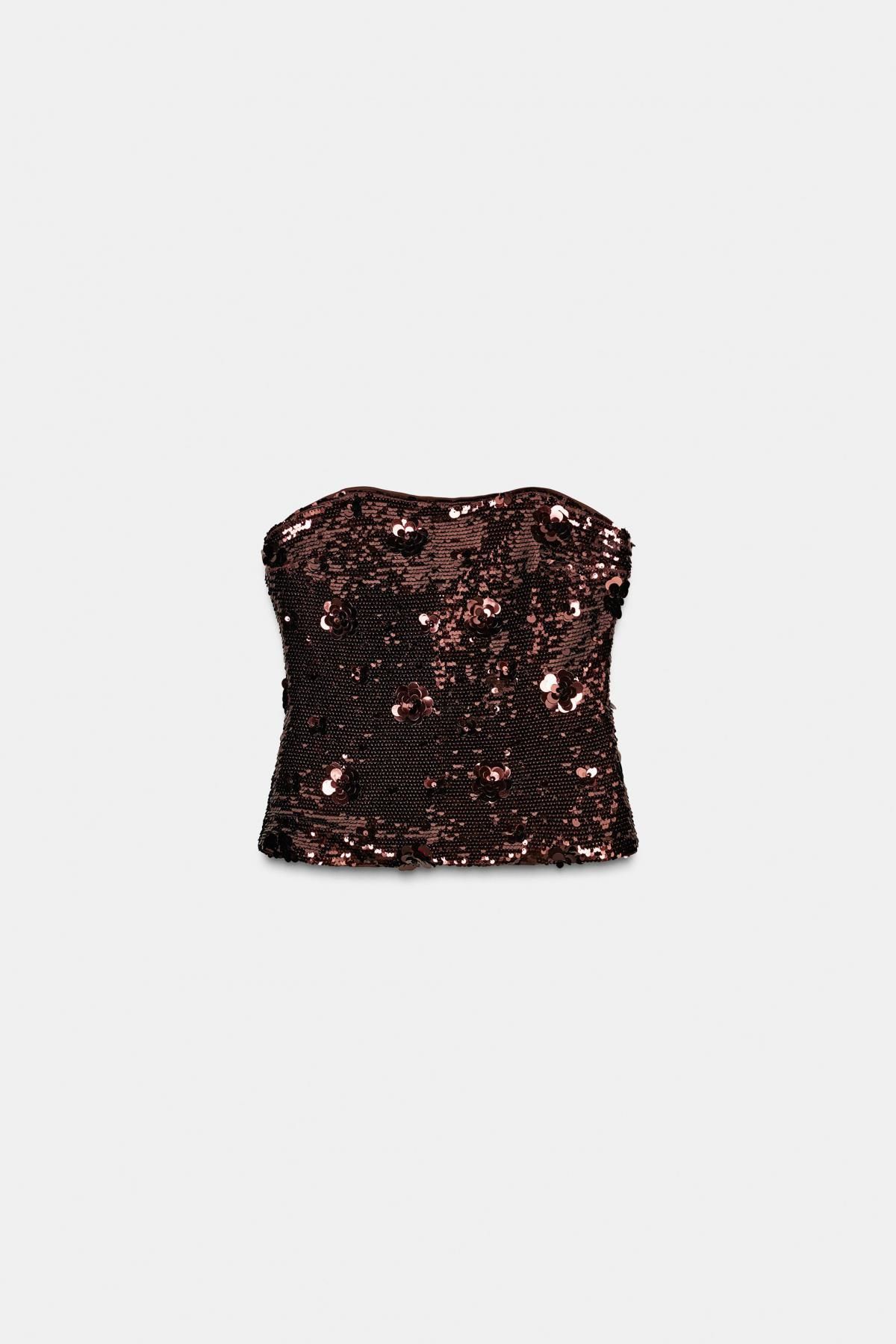 자라 글램 시퀸 오프숄더 탑 4772/180 DARK BROWN - 상품 이미지