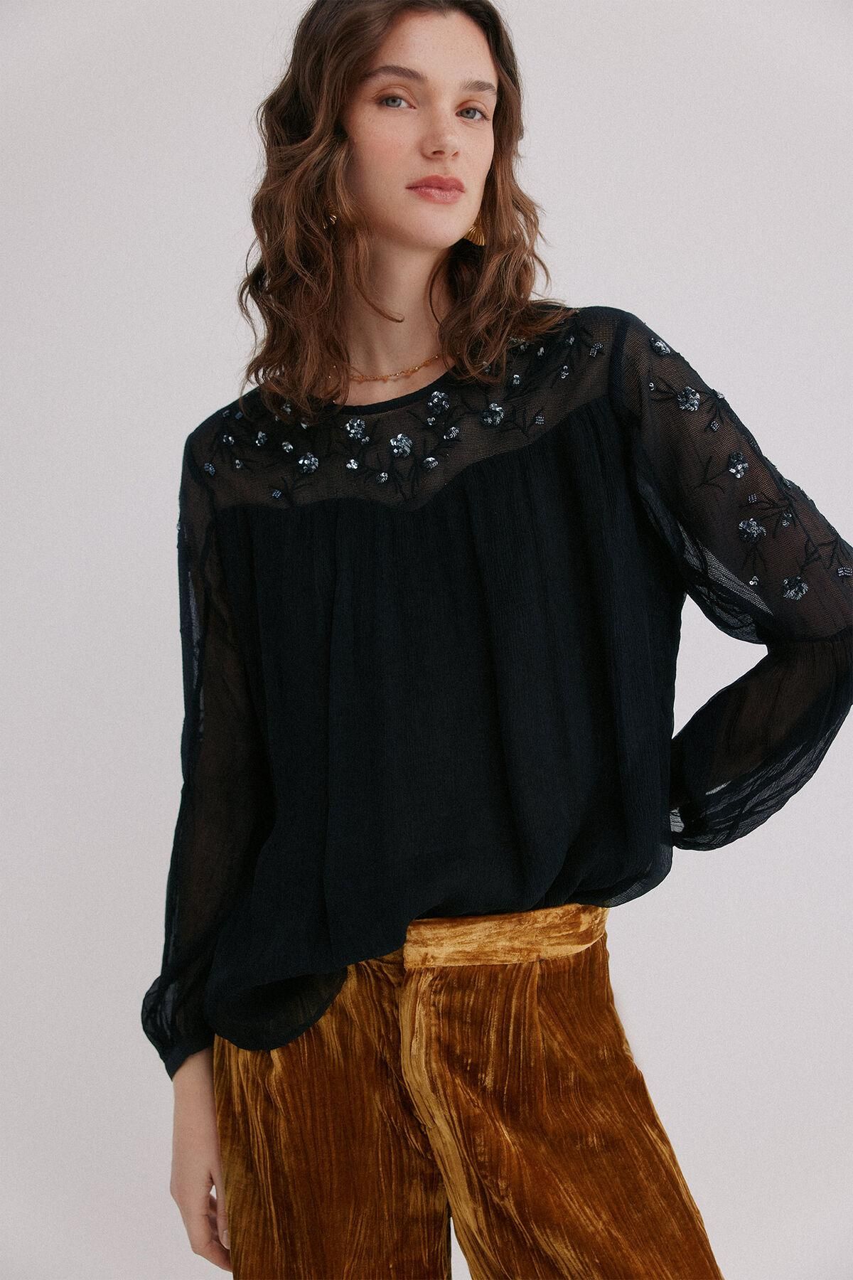 호스 인트로피아 페미닌 시스루 자수 포인트 블라우스 6282705 AZUL MARINO - 상품 이미지